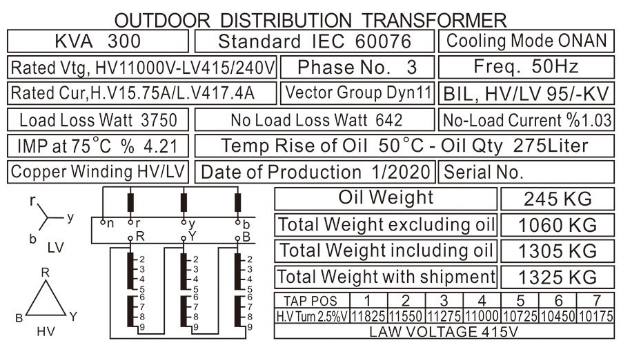 300 KVA 3 Phase Transformer Nameplate